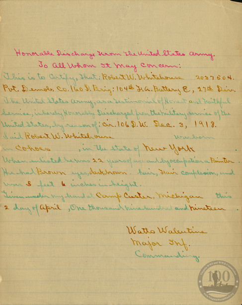 Whitehouse, Robert - WWI Document