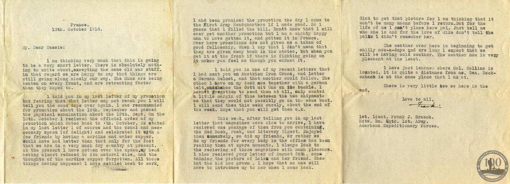 Brosch, Frank J. - WWI Letter